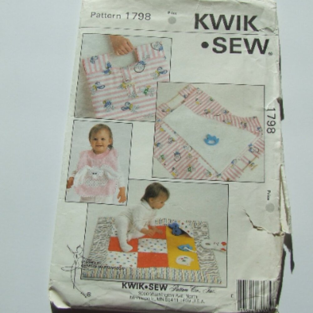 Baby linens sewing pattern Kwik Sew vintage uncut bib change pad play quilt toys